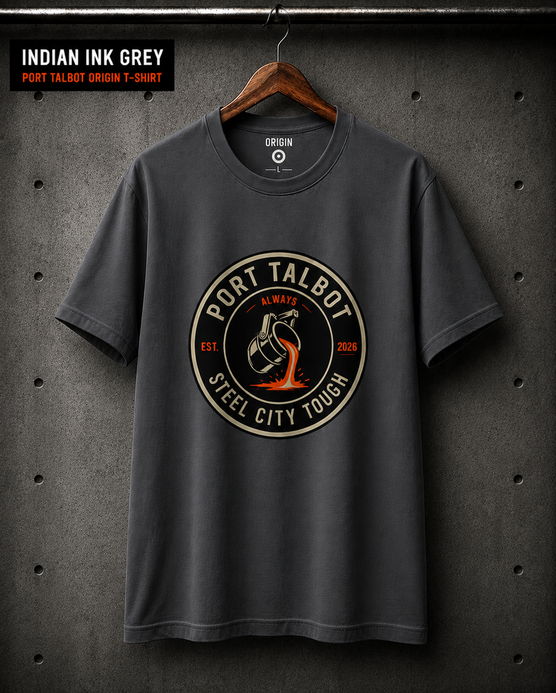 Port talbot origin T-shirt by Steel City Tough, finished in premium 100%organic cotton in a Indian ink grey colour way.With front circular logo.