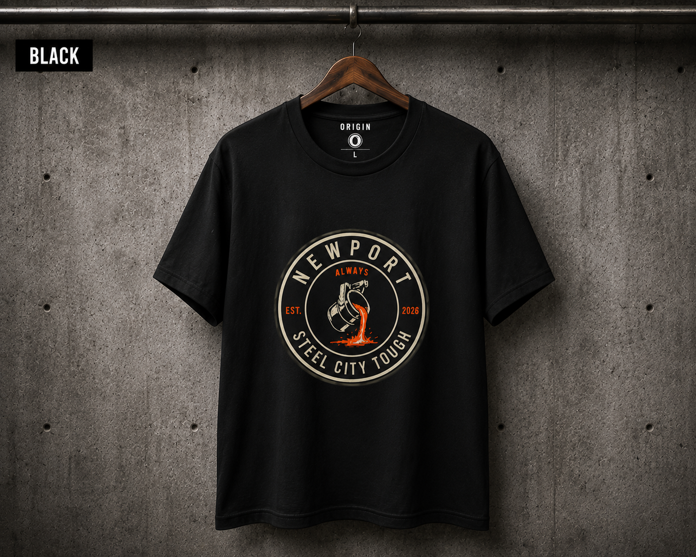 Black Premium 100% organic cotton, Newport Origin T-shirt  with front circular logo by steel City Tough.