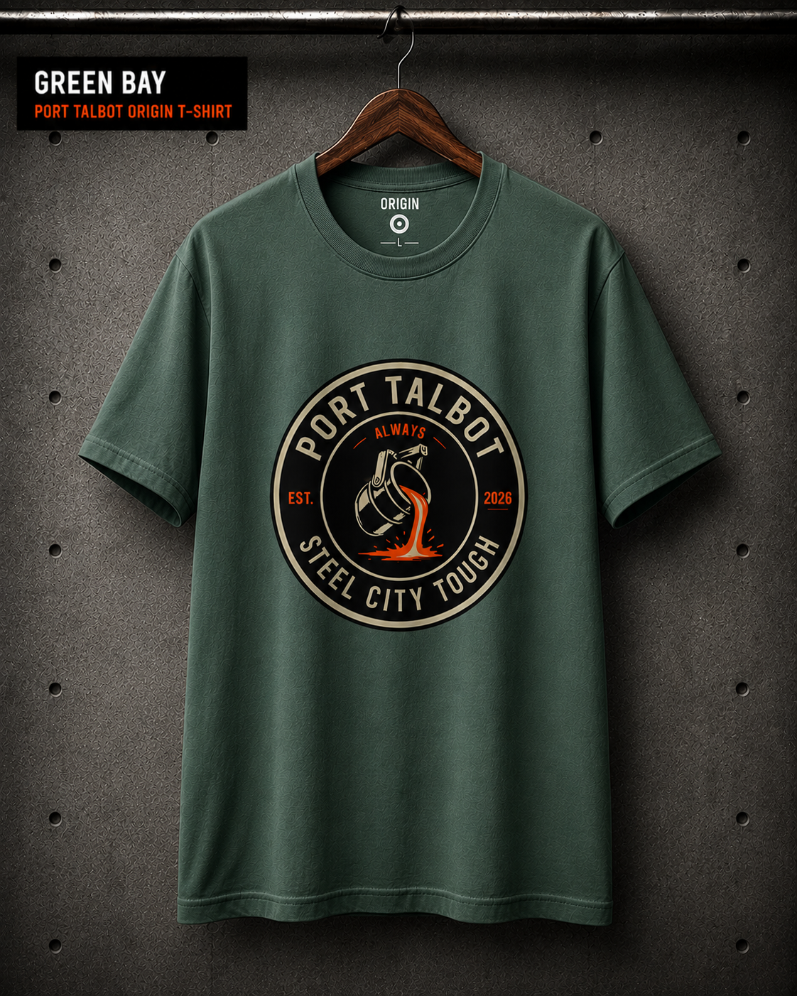 Port talbot origin t-shirt by Steel City Tough, finished in green bay on premium 100% organic cotton, with front circular logo.
