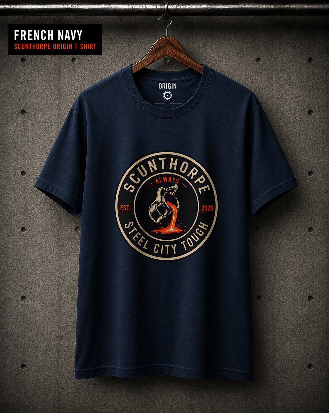 Scunthorpe origin -shirt by Steel City Tough, finished in French navy on premium 100% organic cotton, with front circular logo.