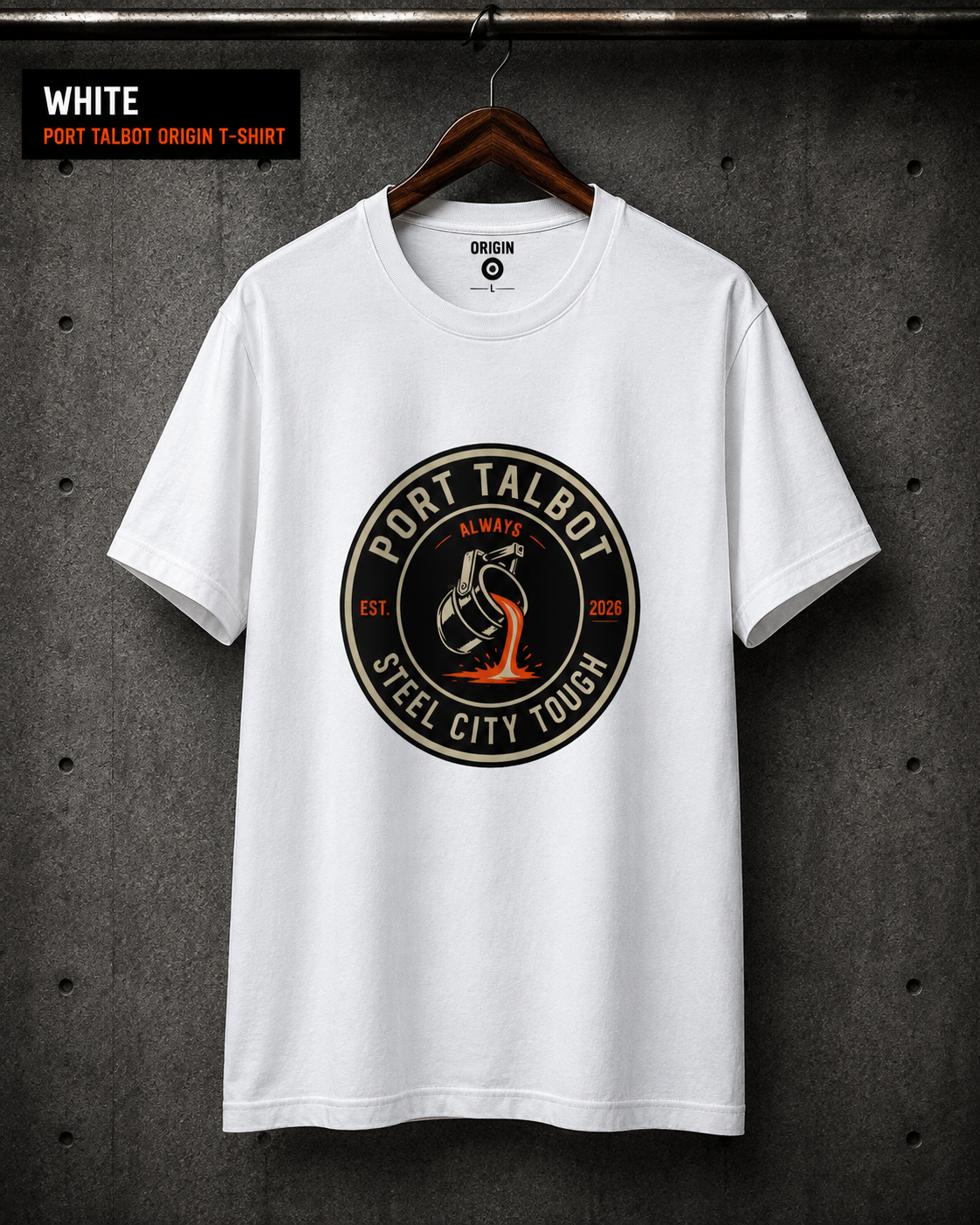 Port Talbot Origin T-shirt, finished in white on premium 100% organic cotton, with front cirtcular logo.