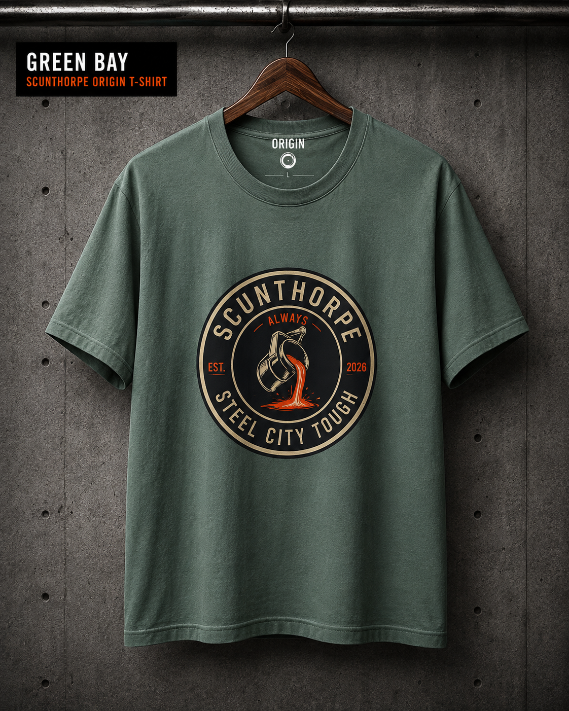 Scunthorpe origin T-shirt by Steel City Tough. Finished in a beautiful green bay colour on premium 100% organic cotton, with front circular logo.