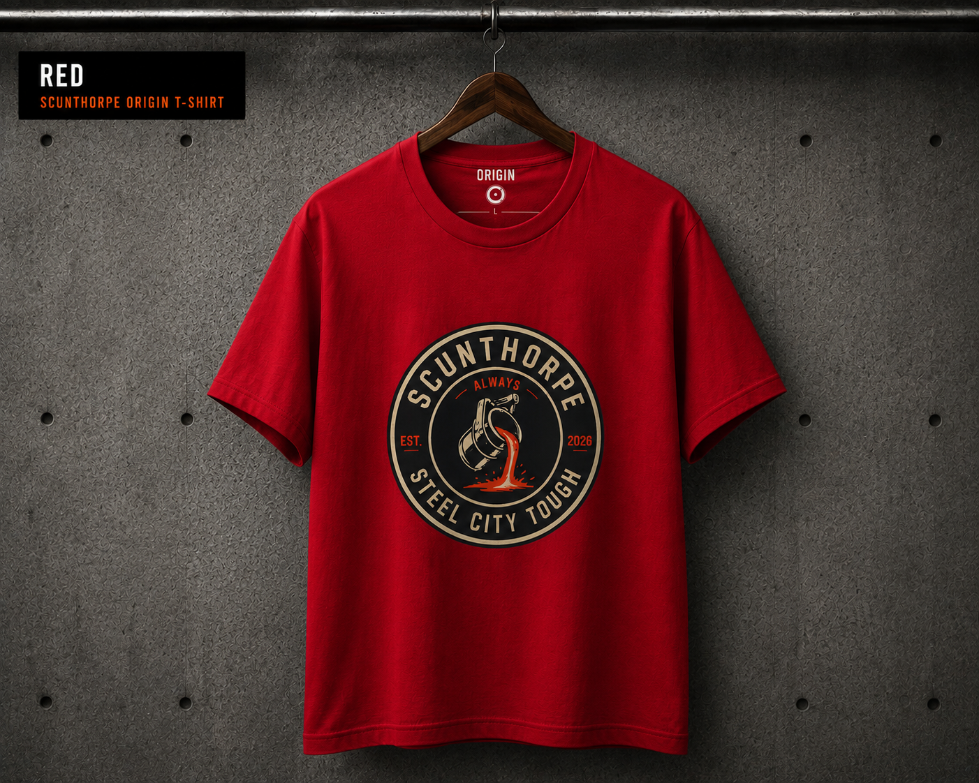 Scunthorpe origin t-shirt by Steel city Tough, finished in stunning red on premium 100% organic cotton, with front circular logo.