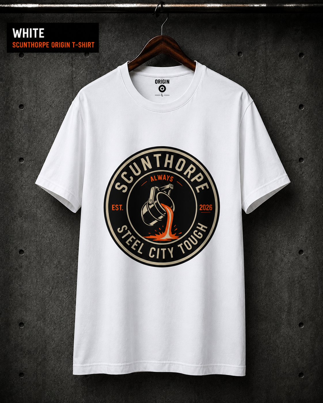 Scunthorpe origin T-shirt by Steel City Tough, finished in white on premium 100% organic cotton, with front circular logo