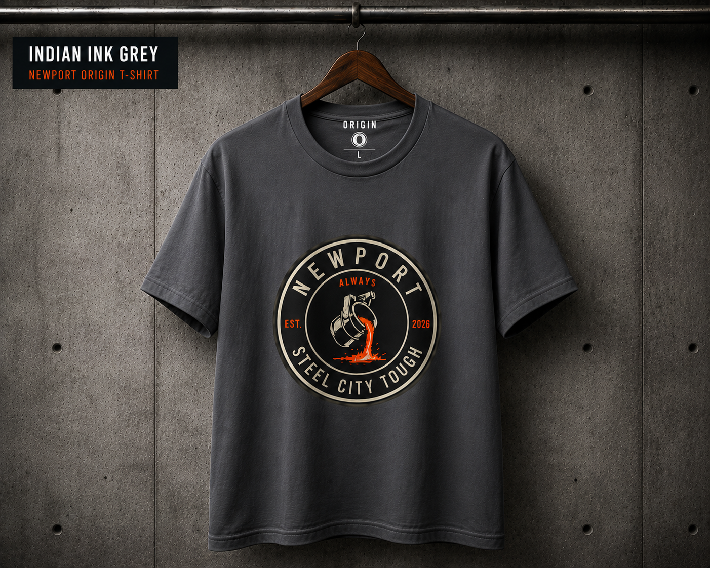 Indian ink grey Premium 100% organic cotton Newport T-shirt by Steel City Tough.