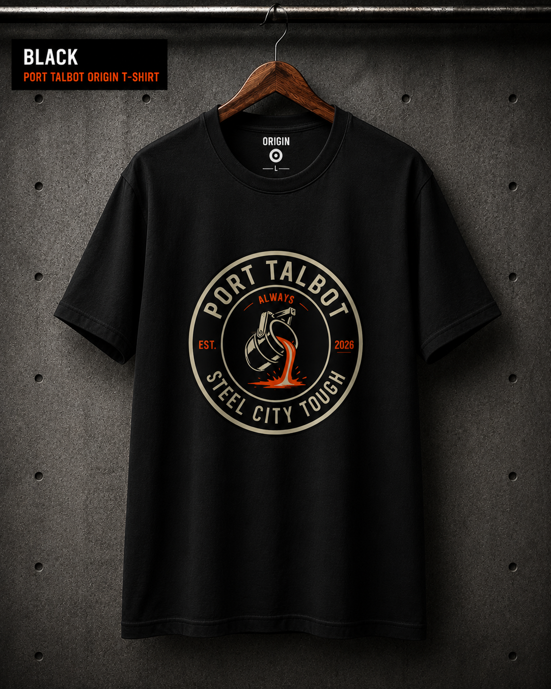 Port Talbot Origin T-shirt by Steel City Tough, finished in black on premium 100% organic cotton .With front circular logo.
