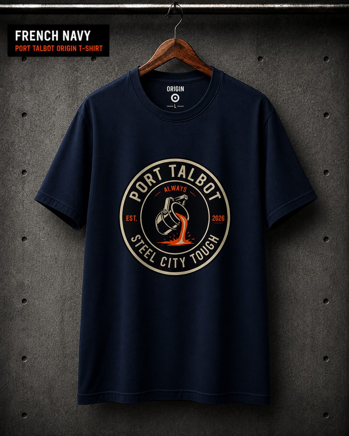 Port Talbot Origin T-shirt by Steel City Tough, finished in French Navy on premium 100% organic cotton. with front circular logo.