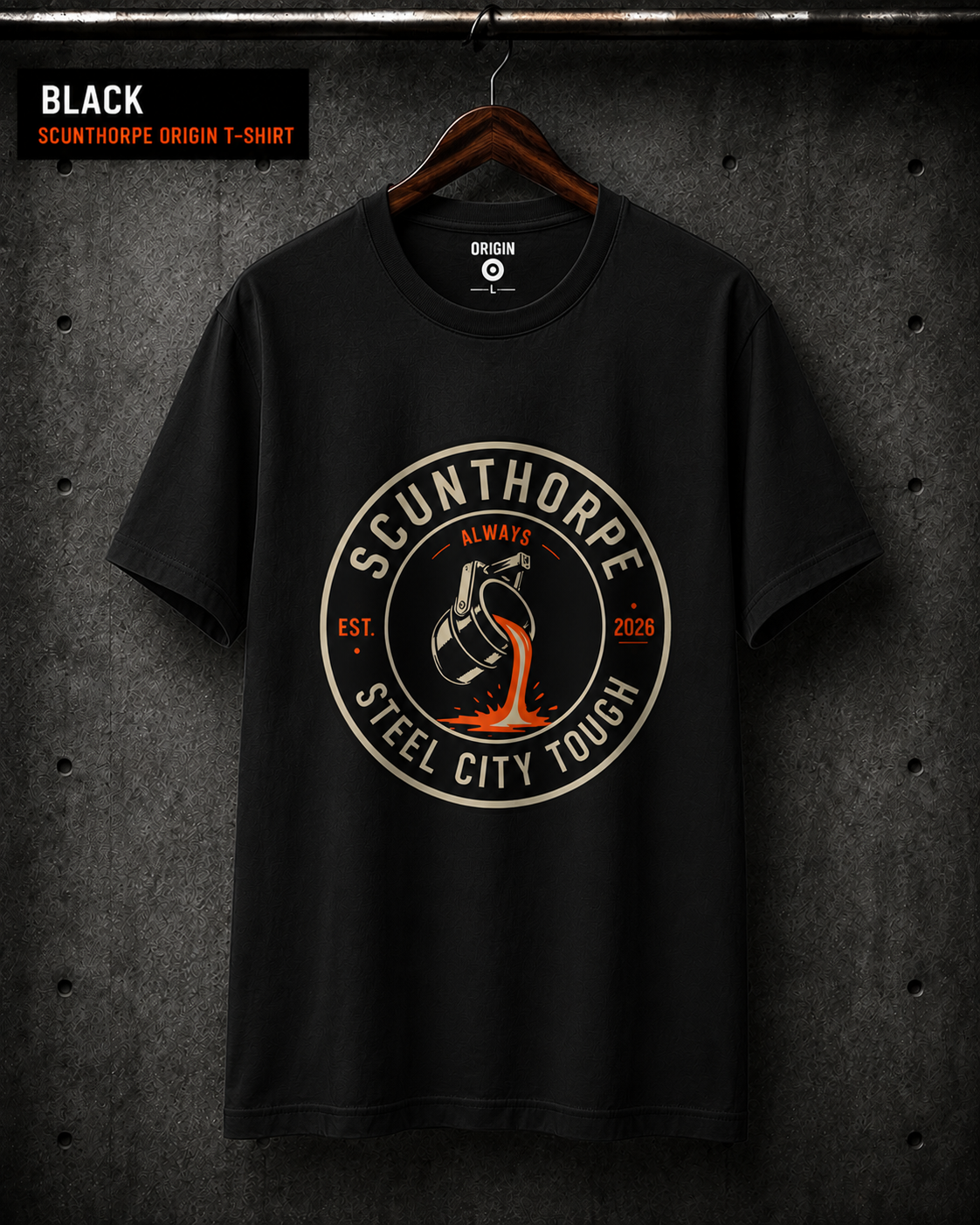 Scunthorpe origin T-shirt by Steel City Tough, finished in black on premium 100% organic cotton, with front circular logo.