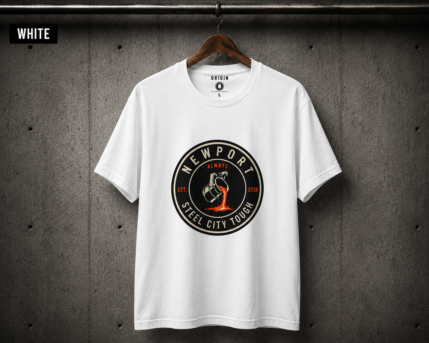 White Premium 100% organic cotton Newport Origin T-shirt with front circular logo by Steel City Tough.