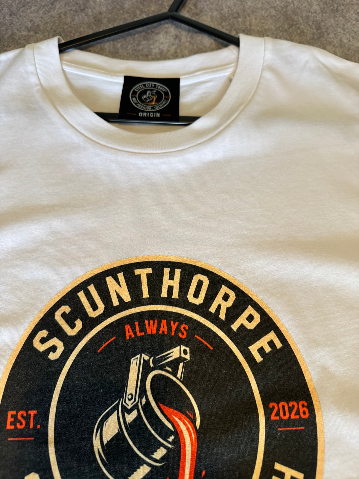 SCUNTHORPE ORIGIN T-SHIRT.100% PREMIUM ORGANIC COTTON.